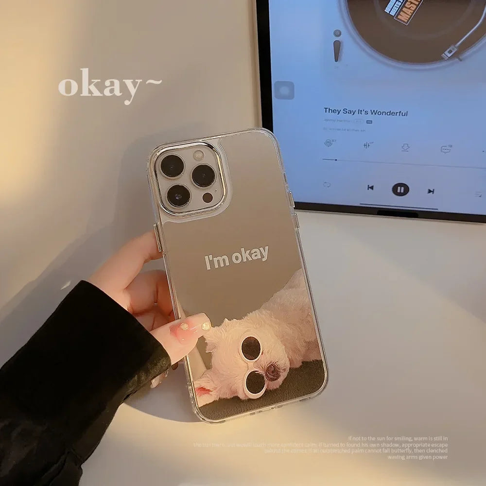 Ins Sunglass Dog Pattern Electroplated Makeup Mirror Phone Case For iPhone